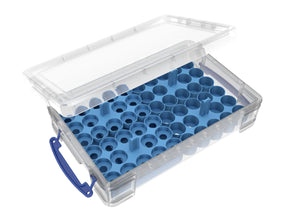 Feldherr paint racks + token trays for 4l Really Useful Boxes - 56 Citadel paint pots (12 ml / 18 ml / 24 ml) + game material