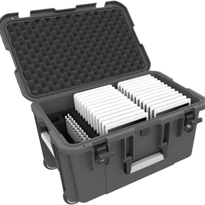 Case / Trolley for 24 tablets in thin sleeves - compartments 14 mm wide - including pencil holder - compatible with Apple iPad, Samsung Galaxy Tab A or Microsoft Surface Go - anthracite gray