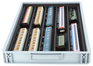 Euro box with PanoramaBed for model trains, locomotives and rolling stock - 5 compartments for OO gauge