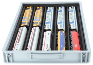 Euro box with PanoramaBed for model trains, locomotives and rolling stock - 5 compartments for H0 gauge